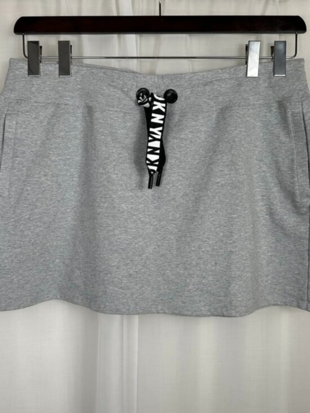 DKNY Sport Gray Stretchy Cotton Blend Mini Skirt XL Drawstring Pockets Terry NEW